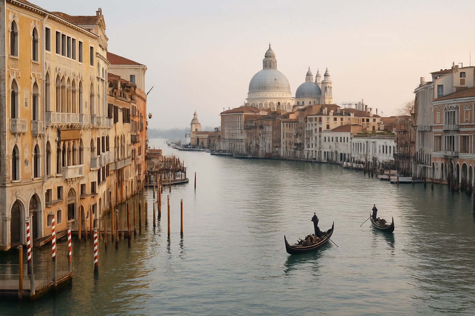 Gondeln auf dem Canal Grande in Venedig mit historischen Palazzi