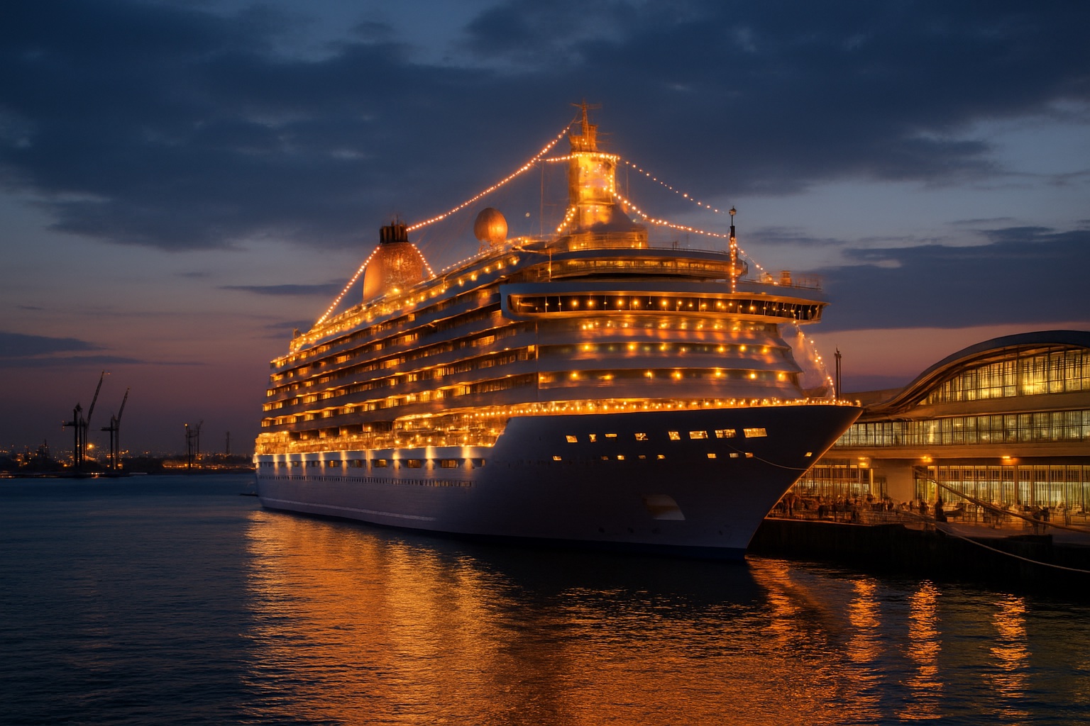 Kreuzfahrtschiff im Hamburger Hafen bei Abendlicht