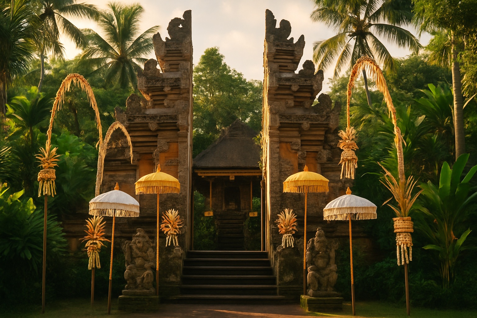 Balinesischer Tempel mit kunstvollen Steintoren und festlichen Zeremonienschirmen auf Bali