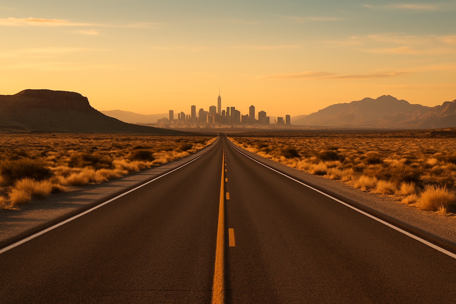 Endlose Highway-Straße in den USA führt bei Sonnenuntergang auf eine Skyline zu