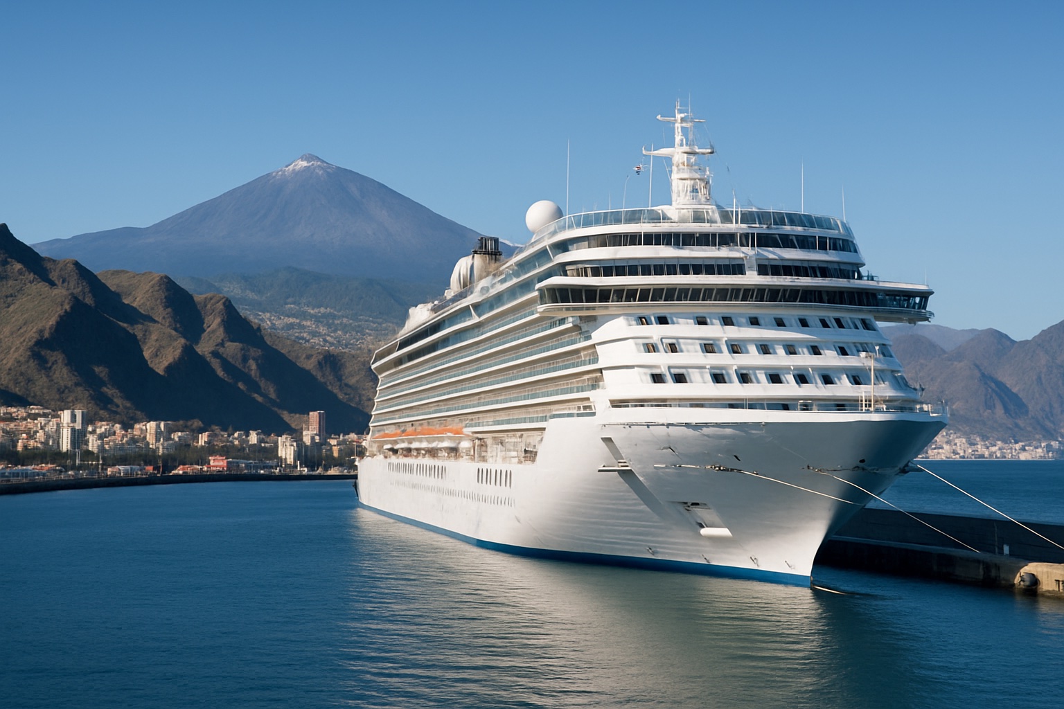 Kreuzfahrtschiff im Hafen von Santa Cruz de Teneriffa mit dem Vulkan Teide im Hintergrund