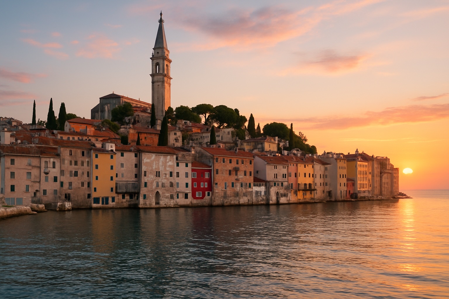 Die bunte Altstadt von Rovinj mit Kirchturm über der Adria bei Sonnenuntergang in Istrien