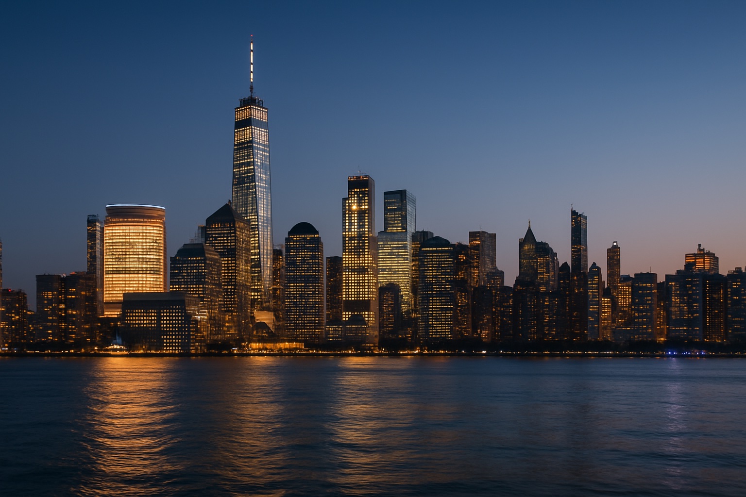 Skyline von Manhattan in der Abenddämmerung über dem Hudson River in New York