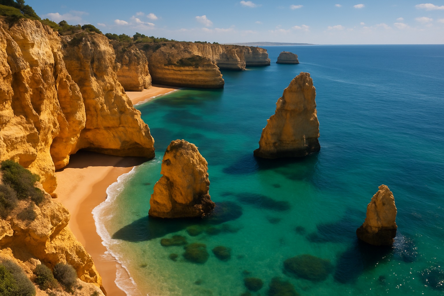 Goldene Kalksteinfelsen und Buchten mit türkisem Wasser an der Algarve-Küste in Portugal