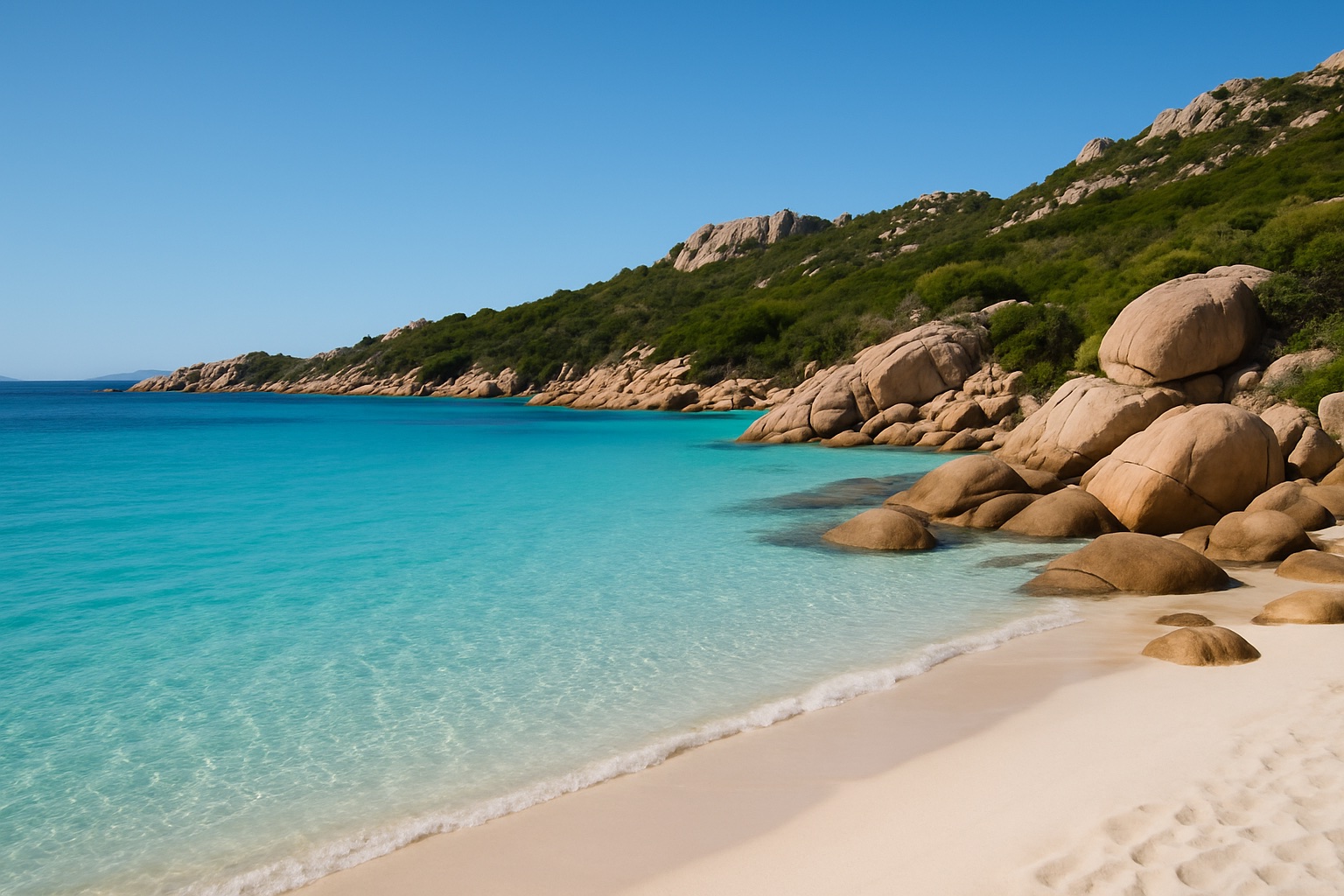 Türkise Bucht mit weißem Sandstrand an der Costa Smeralda auf Sardinien