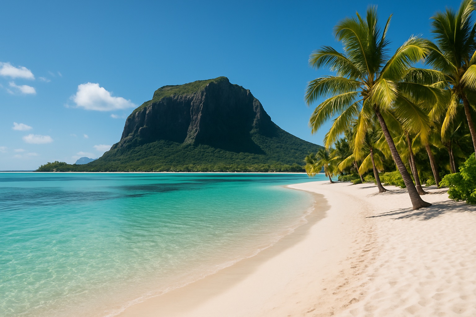 Traumstrand auf Mauritius mit türkiser Lagune und dem Berg Le Morne Brabant