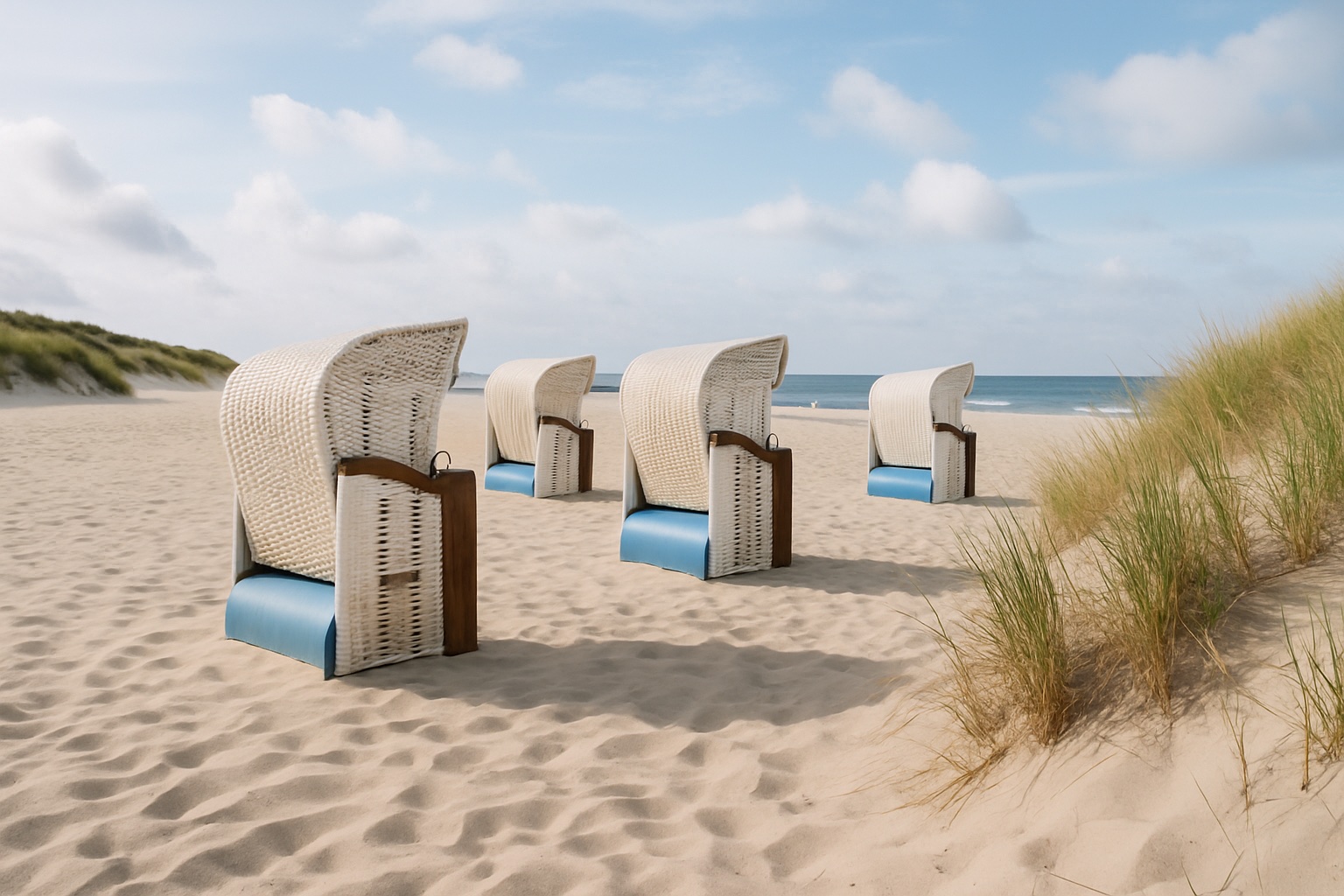Strandkörbe in den Dünen an einem deutschen Küstenstrand an Nord- und Ostsee
