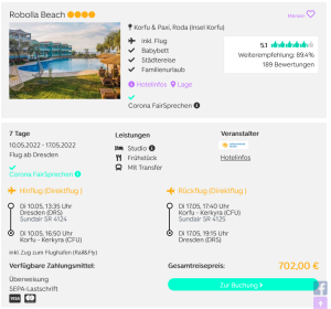 Screenshot Korfu Reisedeal Hotel Robolla Beach