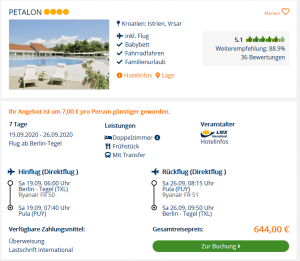 Screenshot Kroatien Deal Hotel Petalon