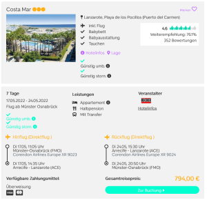 Screenshot Lanzarote Reisedeal Hotel Costa Mar