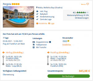 Screenshot Malta Reisedeal Hotel Pergola