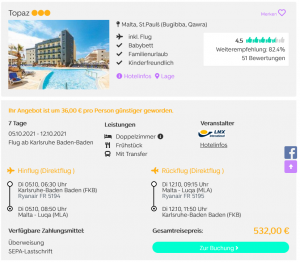 Screenshot Malta Reisedeal Hotel Topaz