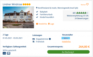 Screenshot Nordsee Reisedeal Hotel Lindner Windrose