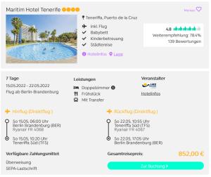 Screenshot Teneriffa Reisedeal Maritim Hotel Tenerife