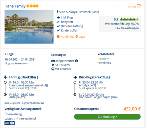 Screenshot Türkei Reisedeal Hotel Hane Family