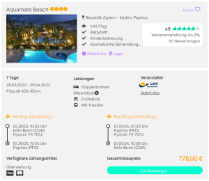 Screenshot Zypern Reisedeal Hotel Aquamare Beach