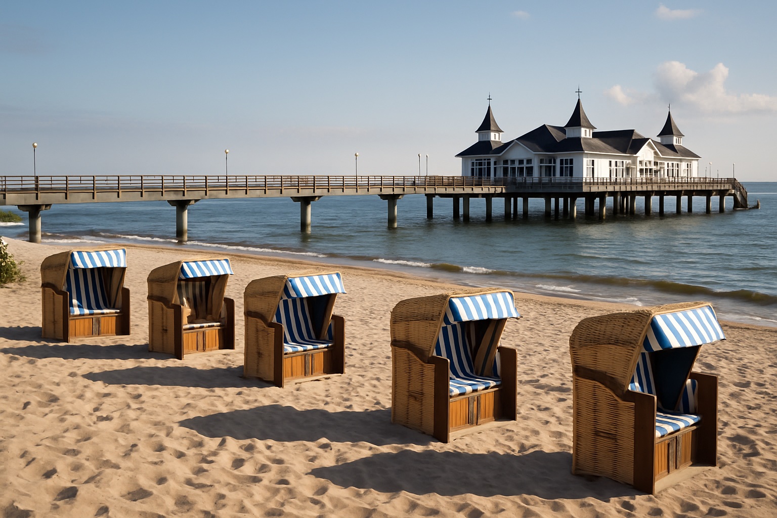 Seebrücke und Strand mit Strandkörben auf Usedom